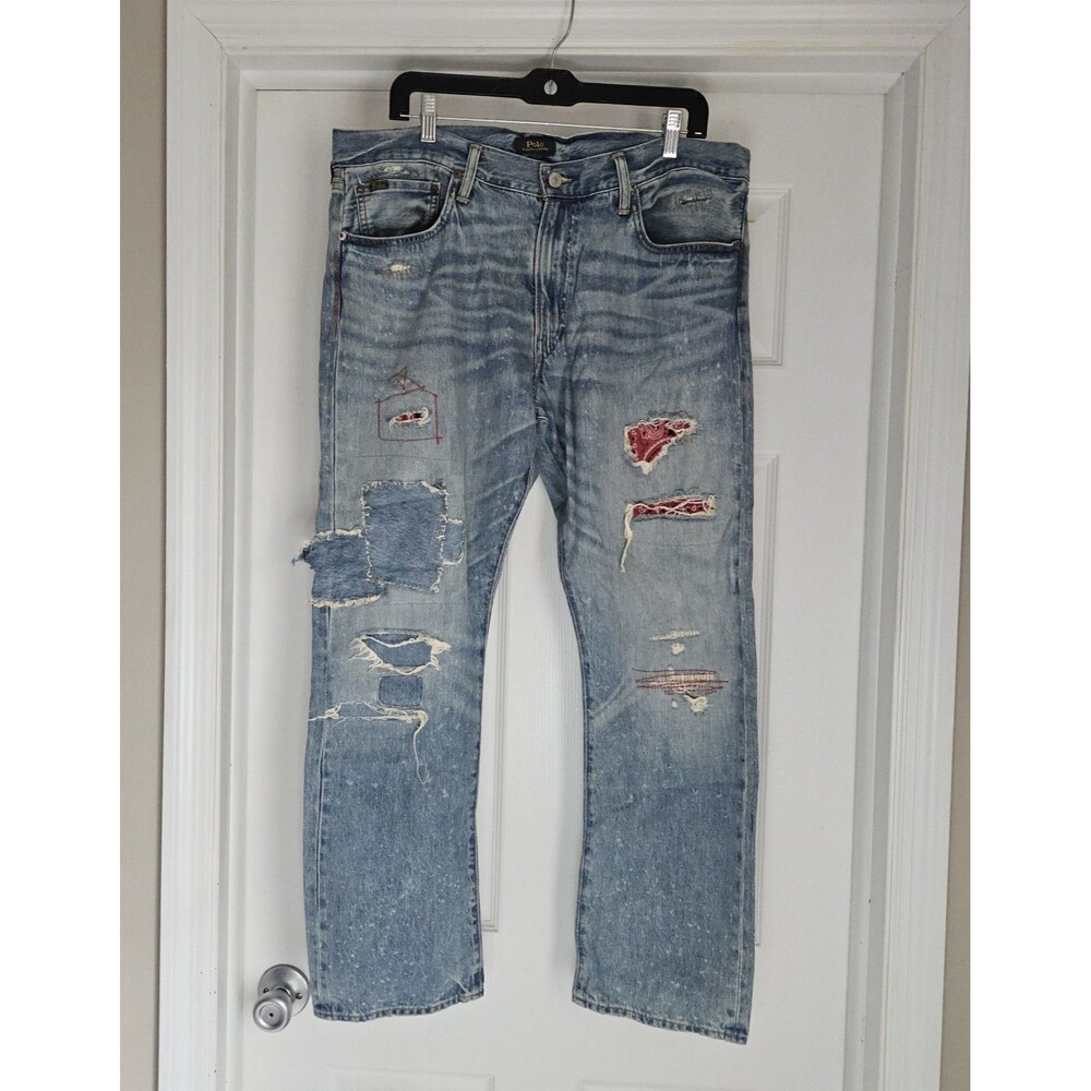 Polo Ralph Lauren The Varick Slim Straight Jeans Bandana Distressed Mens 36x30